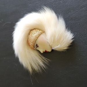 Vintage Lady Face with Fur Brooch